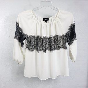 I.N. Women's White Pleated Black Lace Size M Medium Shirt Top Blouse
